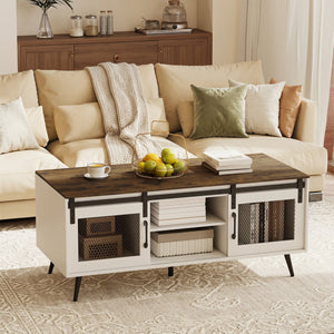 Farmhouse Coffee Table with Sliding Doors Rectangular with Adjustable Shelf-Rustic Brown view 2