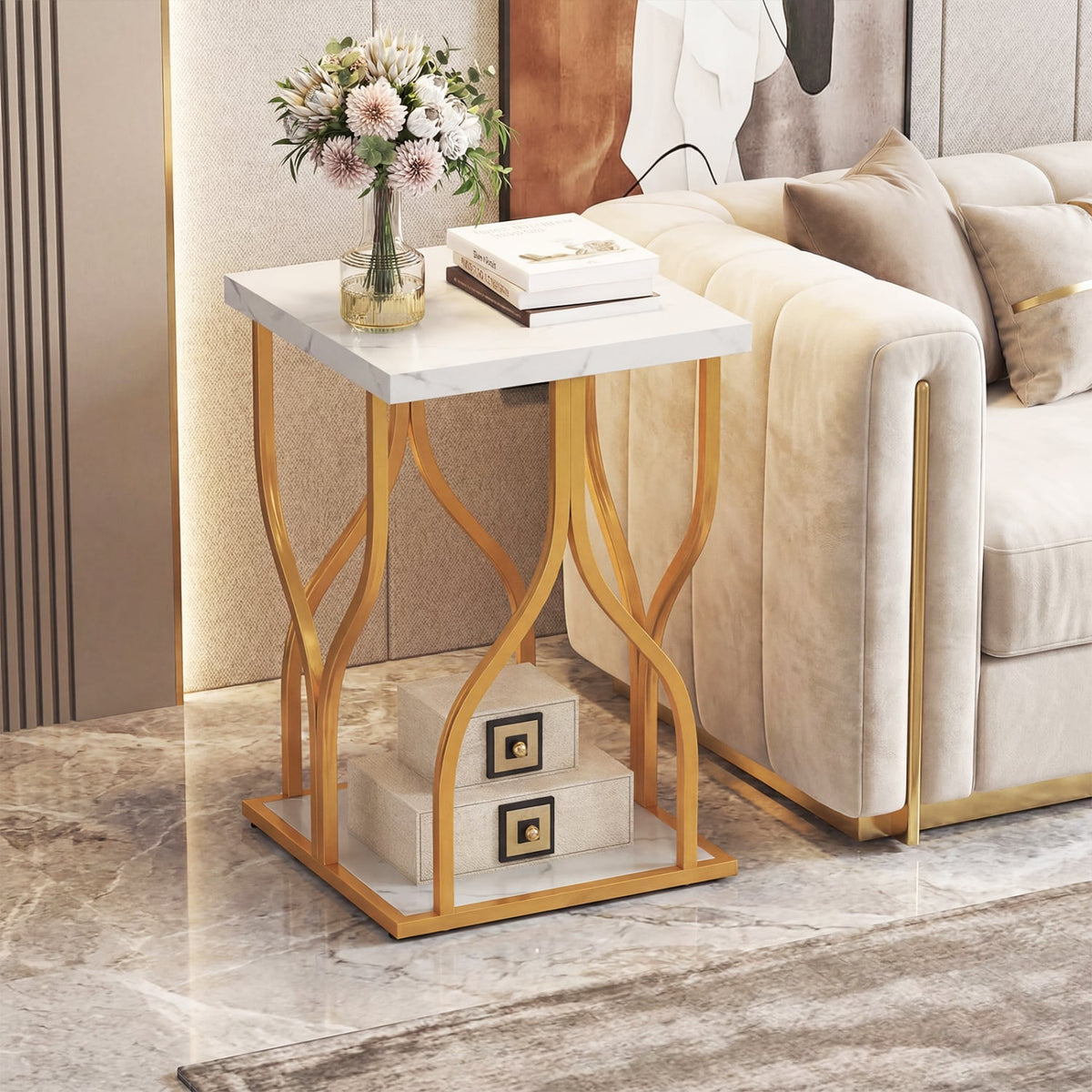 Faux Marble Bedside Night Stand with Petal-Inspired Metal Frame-White view 2