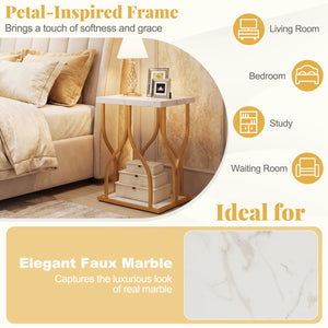 Faux Marble Bedside Night Stand with Petal-Inspired Metal Frame-White view 6