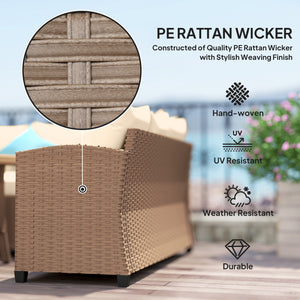 6 Pieces Patio Furniture Set, Outdoor Wicker Sofa Set, All Weather PE Rattan Conversation Furniture, with Strip Wood Grain Plastic Coffee Table & Cushions, Khaki
