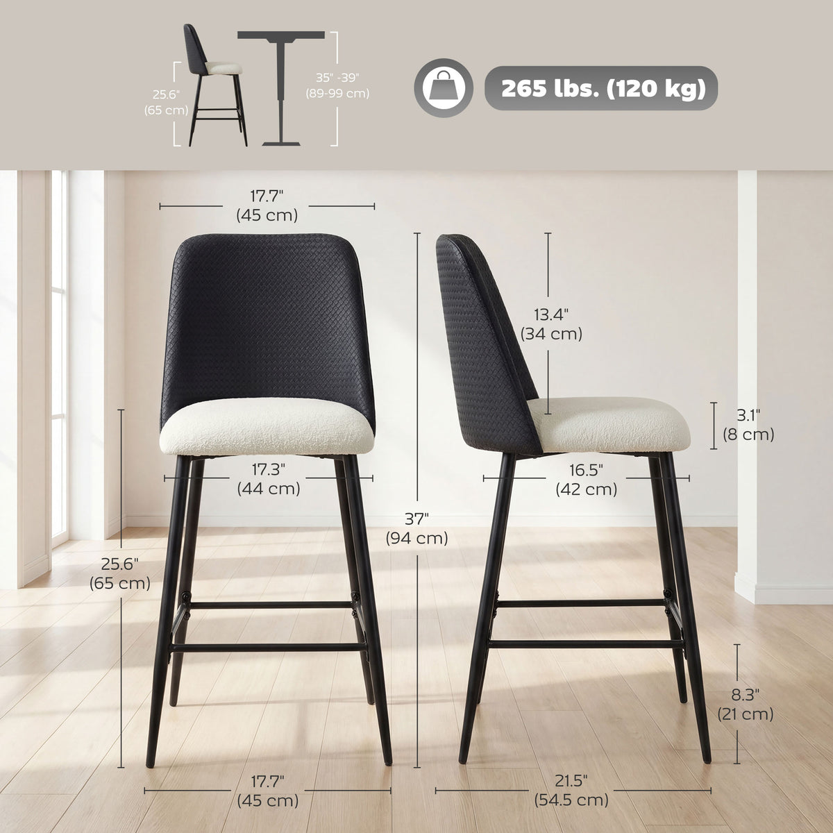 Bar Stools Set of 2, 26" Counter Height Bar Stools with PU Backrest, Linen-look Fabric Seat, Black