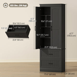 Tall Pantry Cabinet, 67" Kitchen Storage Cabinet with Adjustable Shelves and 2 Drawers for Kitchen, Dining Room, Black