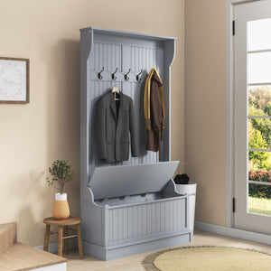 3-In-1 Hall Tree w/ Coat Rack, Shoe Storage and Bench Seat, Entryway Bench w/ 4 Hooks for Hallway, Living Room, White