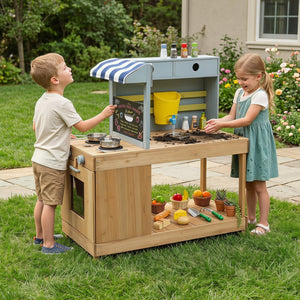 Fir Wood Kids Kitchen Playset with Canopy and Faucet-Natural view 2