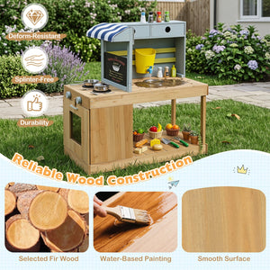 Fir Wood Kids Kitchen Playset with Canopy and Faucet-Natural view 6