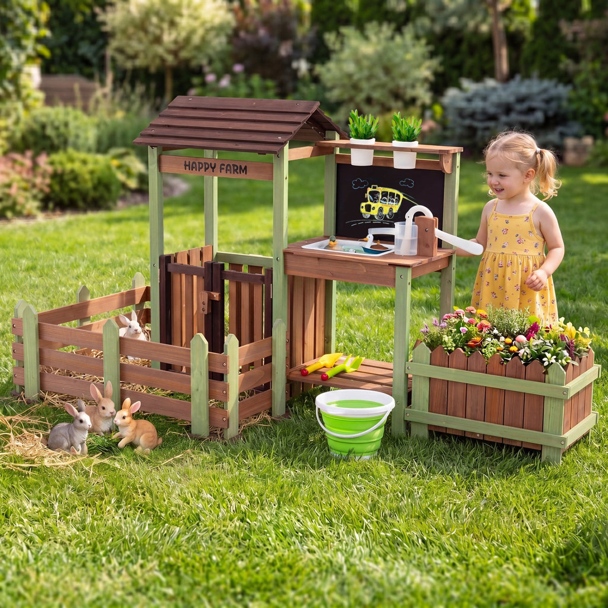 Fir Wood Mud Farm Playset with Planter Box Lockable Yard and Faucet for 3+ Kids view 2