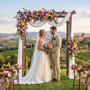 Flat Top Garden Arch with Gate 85 inches Tall Wood for Climbing Plants and Wedding-Brown view 3