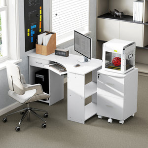 L-Shaped Computer Desk and File Cabinet Set for Bedroom, White