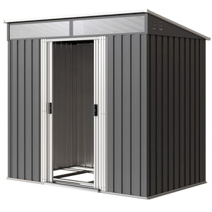 6.5x4FT Galvanised Metal Shed with Foundation Kit, Lockable Garden Tool Storage House with Sliding Doors