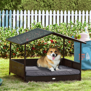 Rattan Dog House with Canopy, Wicker Dog Bed with Water-Resistant Cushion, for Small and Medium Breeds Grey