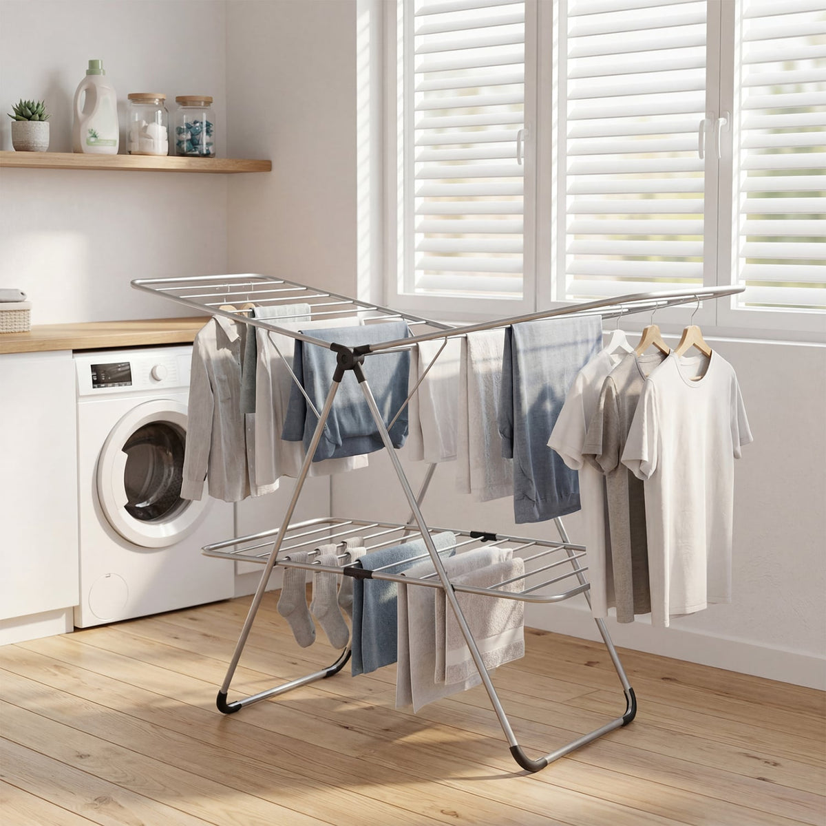 Foldable 2-Tier Clothes Drying Rack Heavy-Duty Aluminum Stainless Steel Laundry Airer view 2