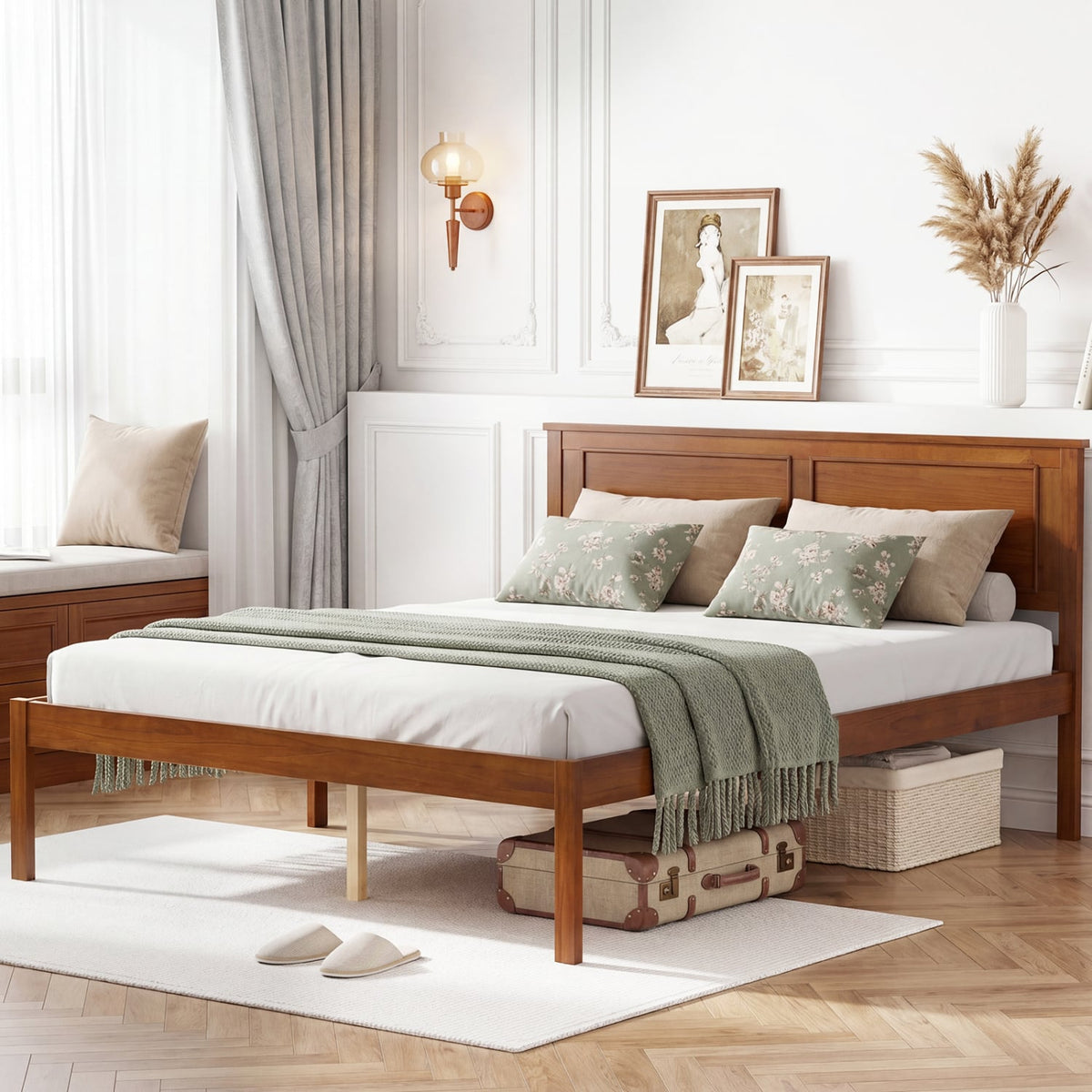 Full/Queen/Twin Size Bed Frame Farmhouse Wooden Platform Bed with Headboard-Full Size view 2