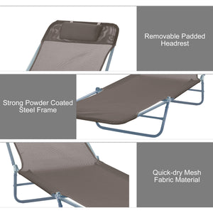 Outdoor Lounge Chair, Portable Adjustable Reclining Seat Folding Chaise Lounge Patio Camping Beach Tanning Chair Bed with Pillow, Brown