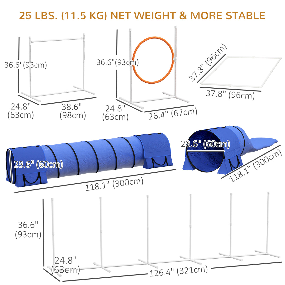 7 Pcs Dog Agility Kit w/ Tunnels, Weave Poles, Adjustable Hurdles, Jump Ring, Pause Box, Whistle, Carry Bag, Blue