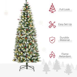 6 ft Snow-Dipped Pencil Christmas Tree Pre-Lit Holiday Decoration with LED Lights Pine Cones Red Berries Green