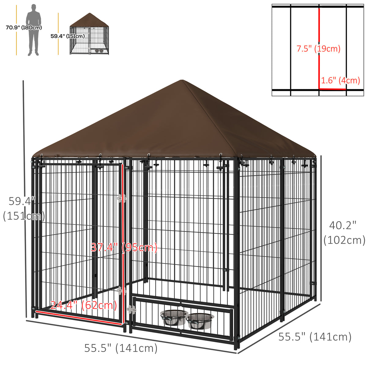 4.6' x 4.6' x 5' Outdoor Dog Kennel with Canopy, Rotating Bowls, Coffee – view 2