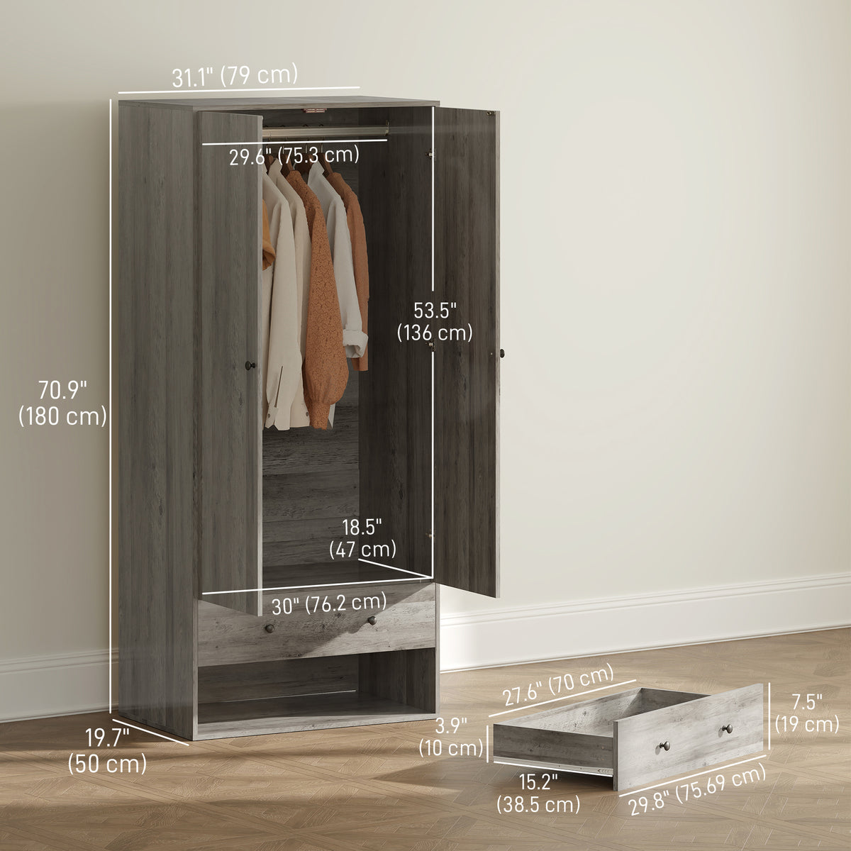 Modern Wardrobe Closet Armoire with 2 Drawers and Hanging Rod, Clothes Storage Organizer for Bedroom, Grey – view 2