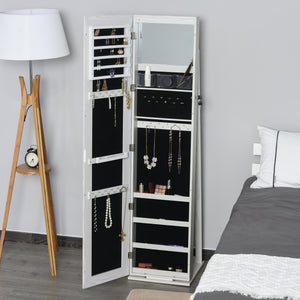 Mirror Jewelry Cabinet Armoire, Lockable Jewelry Organizer with Full-Length Mirror, LED Lights, Standing Jewelry Armoire in White Wood