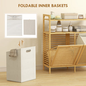 Tilt Out Laundry Hamper, Bamboo Laundry Cabinet with 2 Removable Baskets and 2-Tier Shelves for Laundry Room, Natural