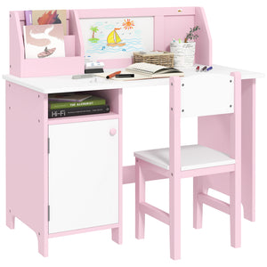 Qaba 2Pcs Kids Desk and Chair Set with Whiteboard, Storage, Shelves