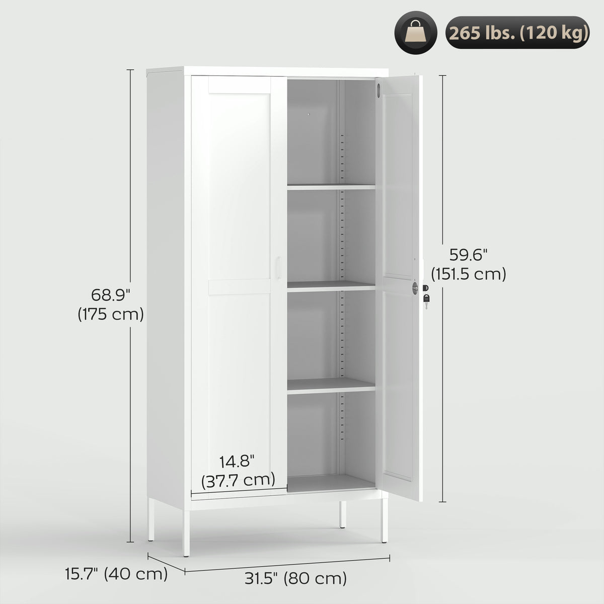Office Storage Cabinet, Lockable Filing Cabinet with 3 Adjustable Shelves and 2 Doors for Home Office, Garage, White