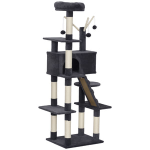59 Inch Large Cat Tree with Sisal Scratching Posts, Cozy Condo, Top Perch, Ladder and Interactive Balls, Dark Grey