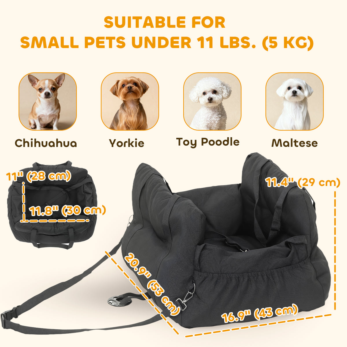 Dog Car Seat for Small Pets, Dog Booster Car Seat with Cushion and Storage Pockets, Machine Washable, Black