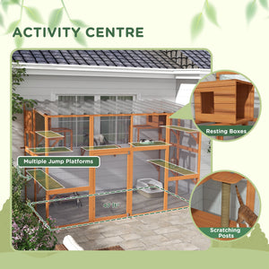 Large Outdoor Catio with 2 Condos, Jumping Platforms, Waterproof Roof, Orange
