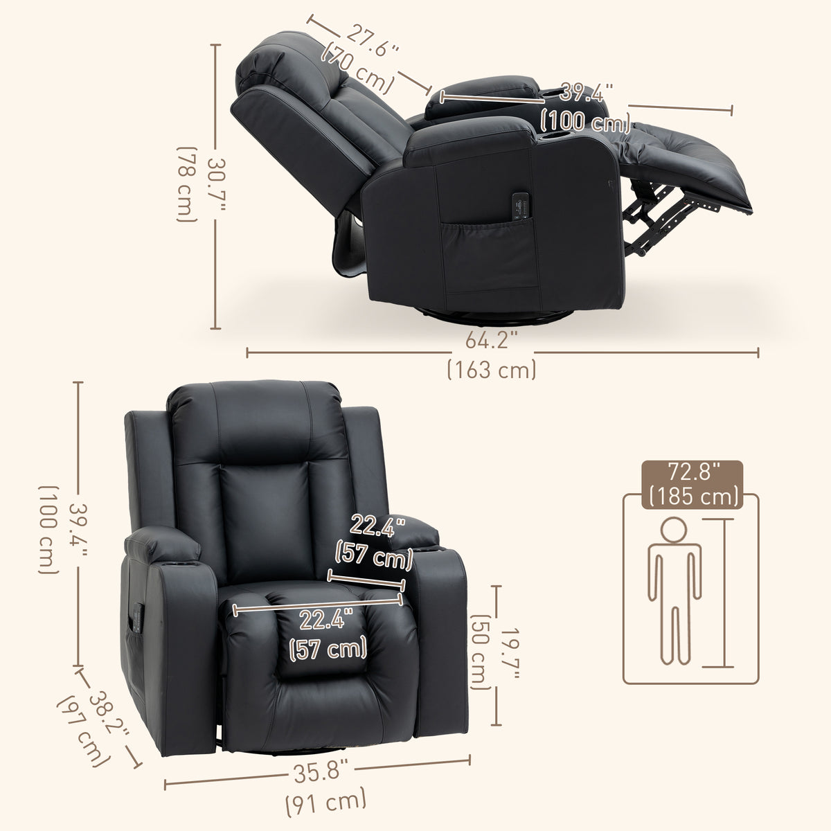 Swivel Massage Recliner Chair Rocker, Overstuffed Manual Reclining Sofa – view 2