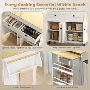 Kitchen Island with Sliding Expandable Top, Rolling Kitchen Cart with Drawers, Cabinets & Spice Rack, White