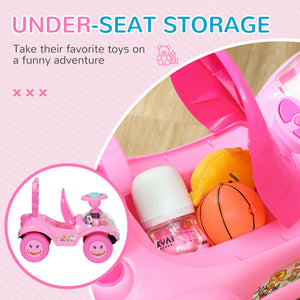 Qaba Toddlers Push Car with Horn, Light, Music, Anti-Over-Backwards Device, Steering Wheel, Under Seat Storage, Pink