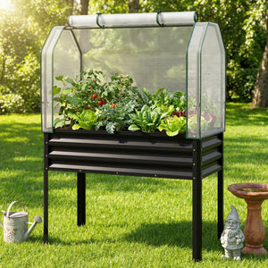 Galvanized Raised Garden Bed with Legs and Greenhouse Cover for Vegetable Flower-Black view 3