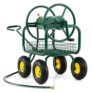 Garden Hose Reel Cart 300 Feet Large Capacity with 4 Wheels and Storage Basket-Green view 4