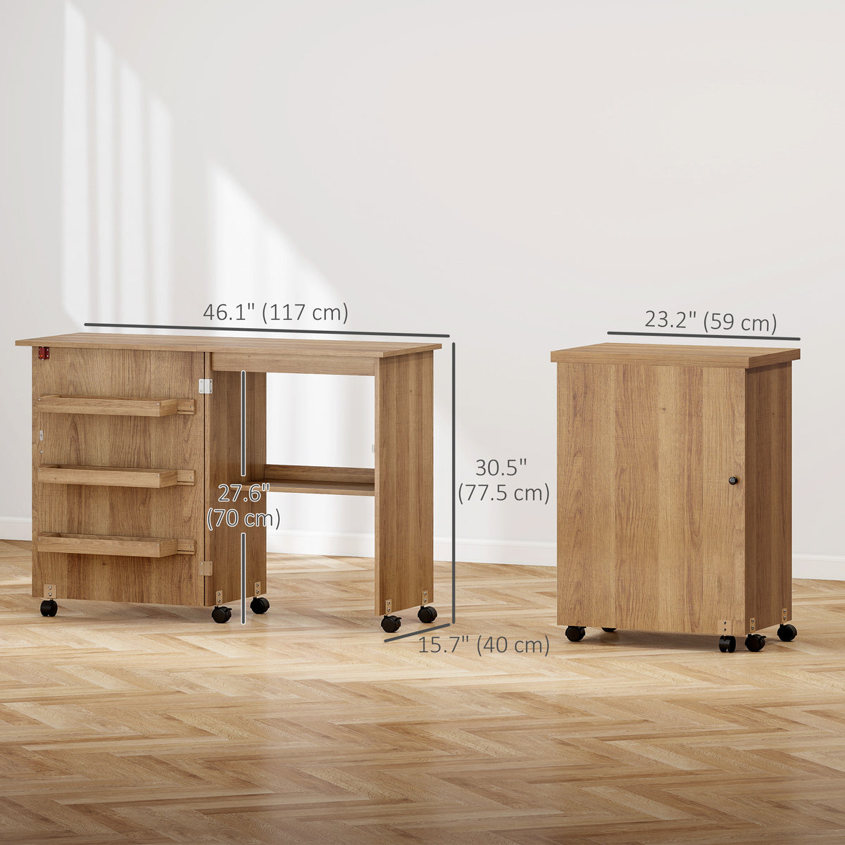 Sewing Machine Cabinet, Folding Sewing Table with Storage Shelf, Bins and Lockable Wheels for Small Space – view 2