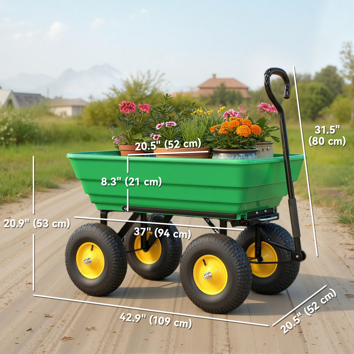 Garden Dump Cart Heavy Duty 440lbs Wagon with Steel Frame and 10'' Pneumatic Tires, Green – view 2