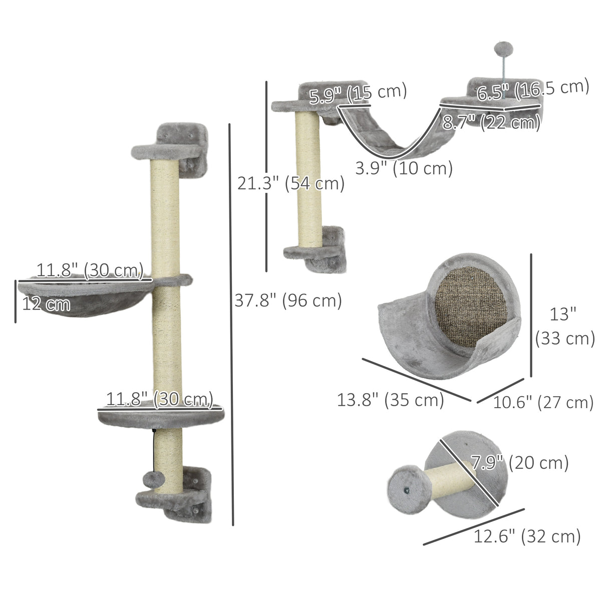 5PCs Cat Wall Shelves with Hammock, Scratching Posts, Perches, Ladder, for Indoor Cats, Light Grey