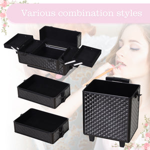 4 in 1 Portable Aluminum Makeup Case Train Cases, Rolling Makeup Case with 2 Wheels, Multiple Compartments and Lift Handle