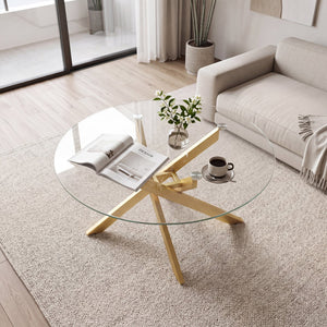 Glass Coffee Table Round Clear Center Table with Tempered Glass Top-Golden view 2