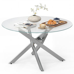 Glass Coffee Table Round Clear Center Table with Tempered Glass Top-Silver