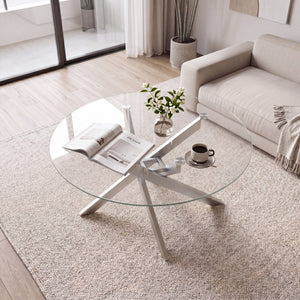 Glass Coffee Table Round Clear Center Table with Tempered Glass Top-Silver view 2