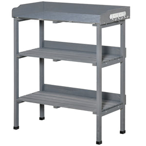 Outdoor Garden Wooden Potting Bench Work Station Table Tool Storage Shelf w/ Hooks, Natural – view 7