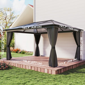 12' x 15' Hardtop Gazebo Canopy with Polycarbonate Roof, Aluminum Frame, Netting, Curtains and Ceiling Hook, Dark Grey