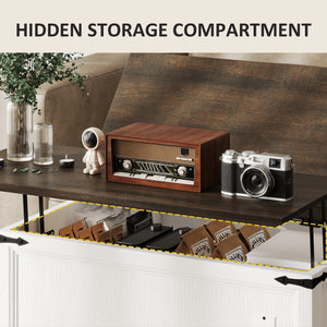 Lift Top Coffee Table with Charging Station, Square Farmhouse Center Table with Hidden Storage, Black Wood Grain