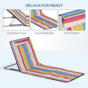 Set of 2 Beach Lounge Chair Sun Lounger, Folding Ground Beach Mat w/ Adjustable Back, Steel Frame, Head Pillow and Carry Bag for Backyard Lakeside, Red and White