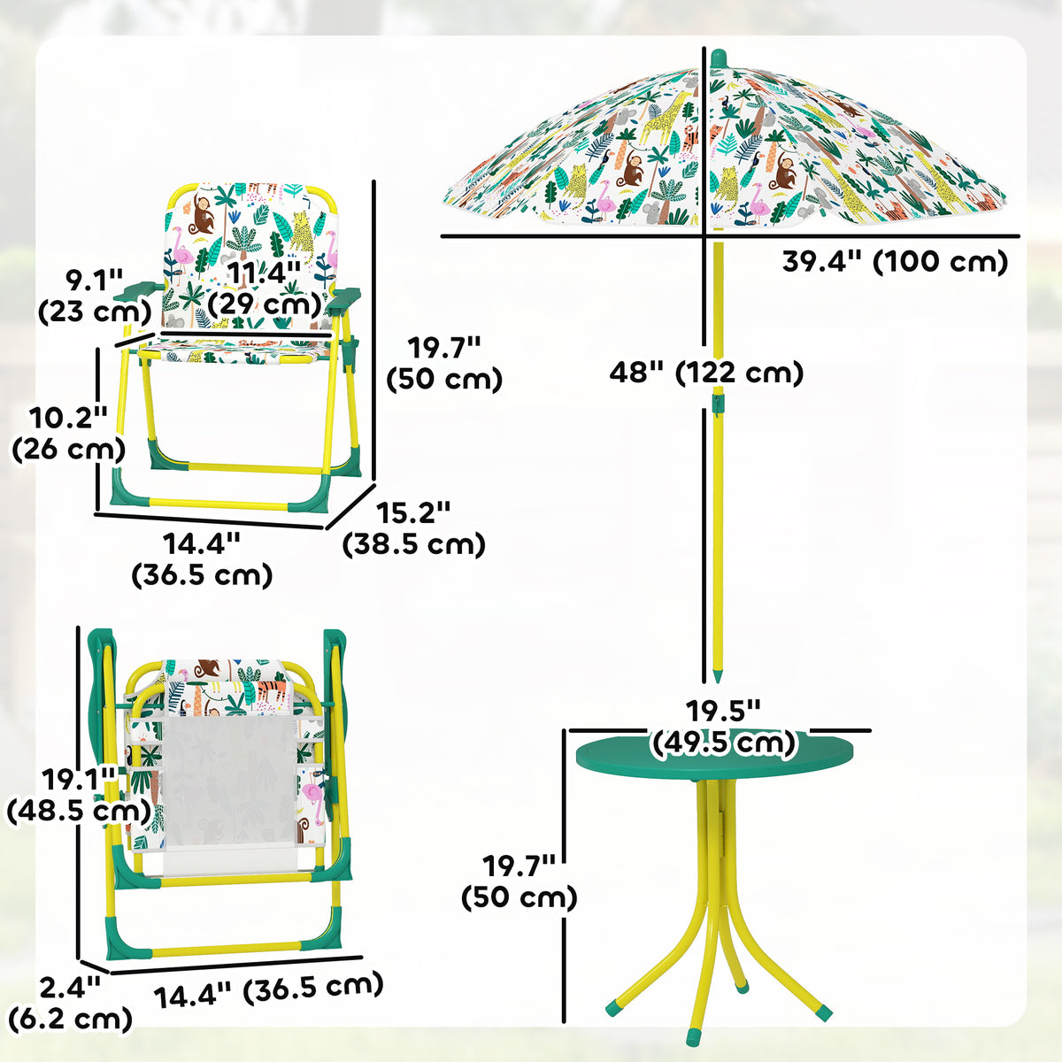 Qaba Kids Picnic Table, Kids Table and Chair Set with 2 Folding Chairs and Umbrella for Backyard, Garden, Patio, Green