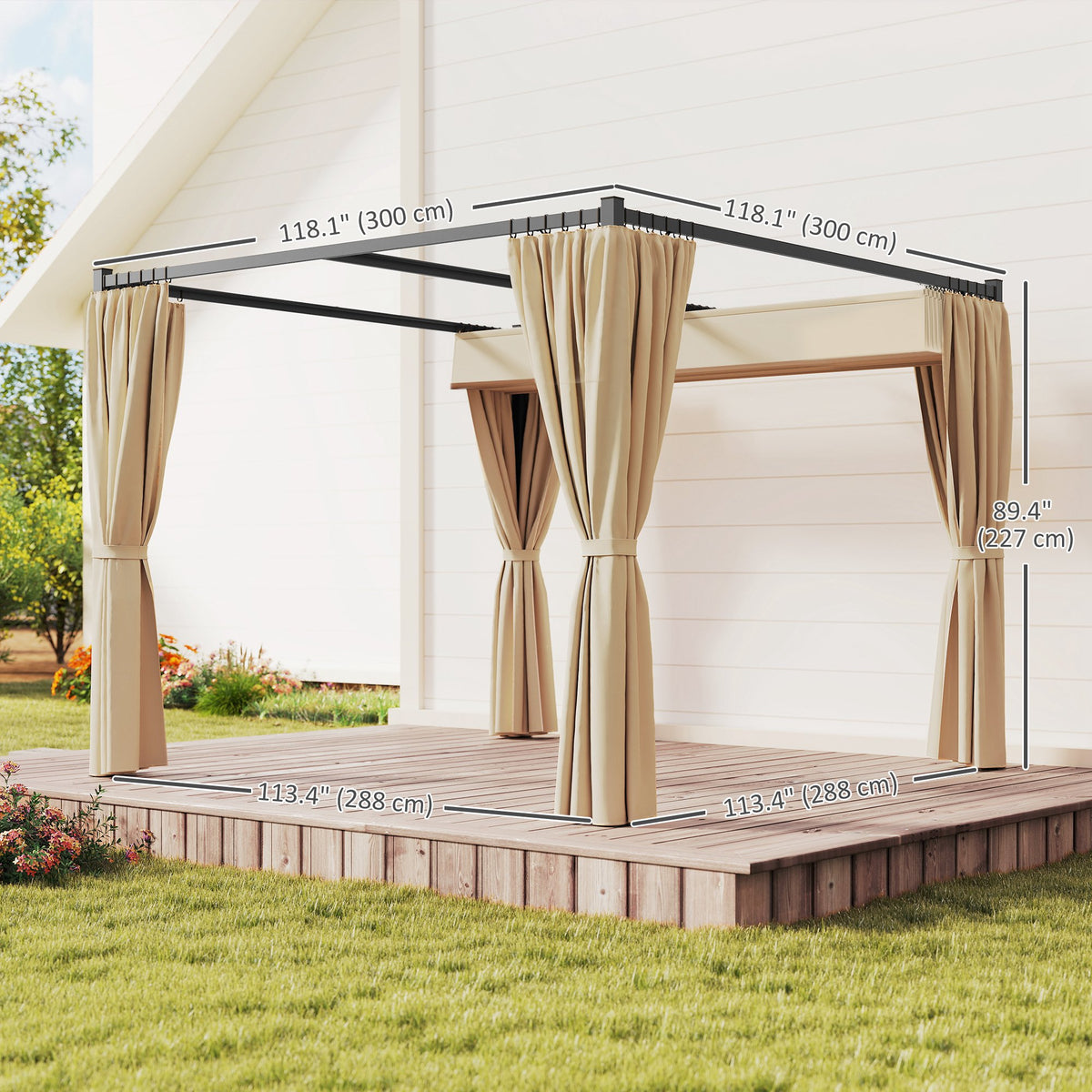 10' x 10' Retractable Pergola Canopy with Sidewalls, Metal Outdoor Gazebo Sun Shade Shelter, Beige – view 2