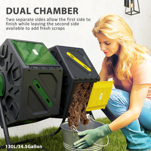 Rotating Composter, Dual Chamber Compost Bin with 24 Vents and Steel Legs, 34.5 Gallon, Brown