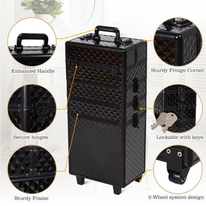 4 in 1 Portable Aluminum Makeup Case Train Cases, Rolling Makeup Case with 2 Wheels, Multiple Compartments and Lift Handle
