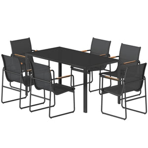 7 Pieces Outdoor Dining Set for 6, Glass Patio Table and Chairs with Decorative Armrests, All Weather Mesh, Black