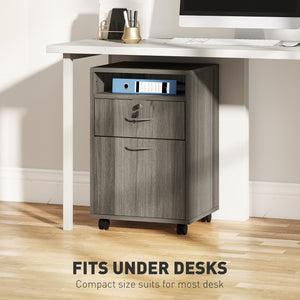 24" Filing Cabinet with Open Compartment, Lockable Drawer and Wheels, Home Office Storage Cabinet, Distressed Grey